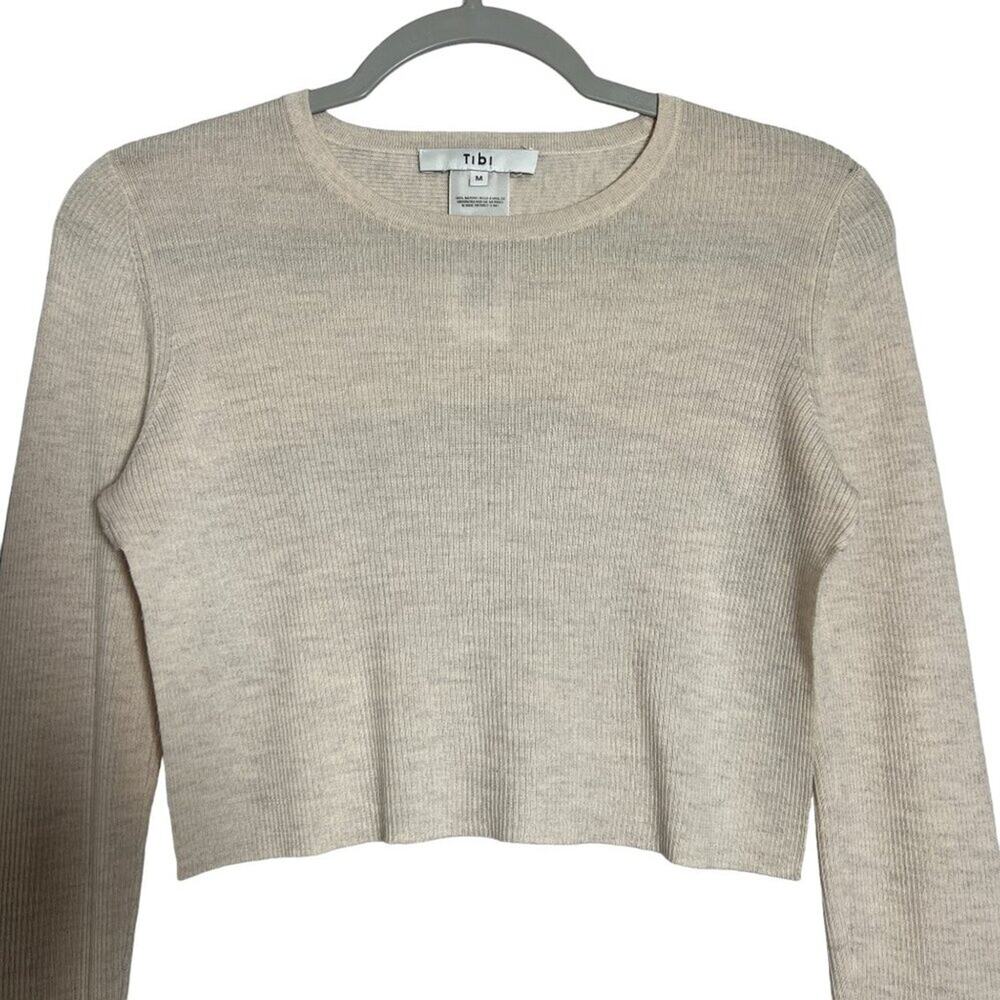 TIBI Merino Wool Cropped Sweater Womens M Cream Beige High Low Crew Neck - Picture 8 of 10